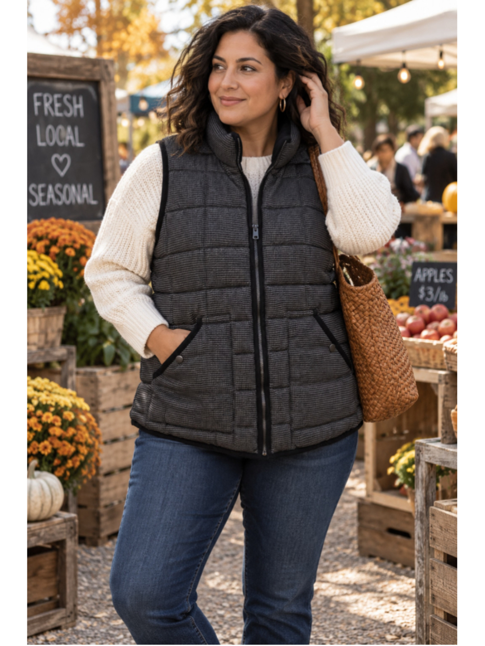 Ava & Viv Quilted Vest Womens Plus Size 1X Houndstooth Puffer Zip Pockets Lined